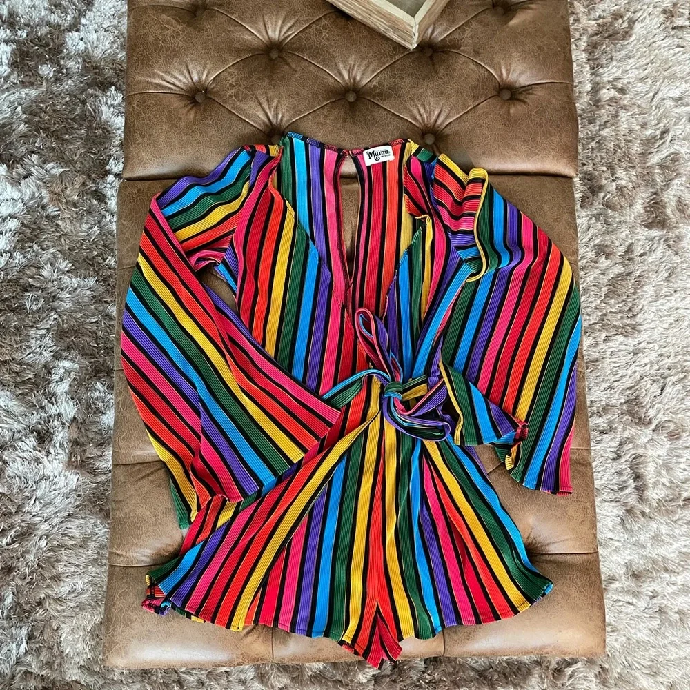 Show Me Your MuMu Multicolor Rainbow Stripe Long Sleeve Wrap Dress - Picture 4 of 5
